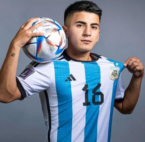 Thiago Almada wearing jersey of FIFA World Cup 2022 belonging to the Argentina national football team